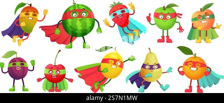 Fruit super-héros. Super pomme, baie et orange en costume de cape de héros. Nourriture saine de super-héros de jardin. Personnages de héros de fruits, illustration vectorielle de dessin animé de fruits frais ensemble d'icônes isolées. Fruit super-héros. Super pomme, baie et orange en costume de cape de héros. Ensemble d'illustration vectorielle de dessin animé de nourriture saine de super-héros de jardin Illustration de Vecteur
