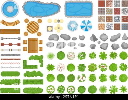 Vue de dessus des objets du parc. Passerelle de jardin, parcs de détente extérieurs meubles et jardins arbres aériens. Piscine, table et chaise ou jardin relaxent ensemble d'icônes d'illustration vectorielle isolée architecturale. Vue de dessus des objets du parc. Passerelle de jardin, meubles de parcs de détente extérieurs et arbres de jardins illustration vectorielle isolée aérienne Illustration de Vecteur