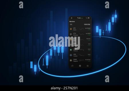 conception. Modèle d'écran de site Web. Le concept d'une application universelle avec crypto-monnaie et option binaire, forex Market App pour le trading en ligne , smartphone. illustration vectorielle Illustration de Vecteur