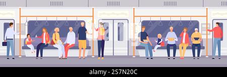 Foule de passagers à l'intérieur du métro ou du bus de la ville. Dessins animés debout et assis dans les transports publics. Voyagez par concept de vecteur de voiture de métro. Personnages masculins et féminins utilisant underground Illustration de Vecteur