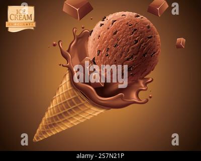 Cône de crème glacée au chocolat, dessert glacé isolé avec éclaboussures de chocolat liquide pour des utilisations de conception dans l'illustration 3D. Cornet de crème glacée au chocolat Illustration de Vecteur