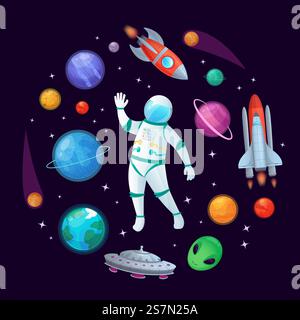 Astronaute de dessin animé dans l'espace. Fusée Spaceman, vaisseau spatial UFO stary et planètes. Astronautique voyage spatial, cosmos marchant ou premier homme sur la lune. Illustration vectorielle de science espacée externe. Astronaute de dessin animé dans l'espace. Fusée Spaceman, vaisseau spatial UFO stary et illustration vectorielle de planètes Illustration de Vecteur