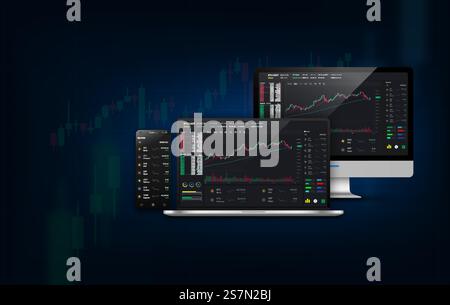 Conception. Modèle d'écran de site Web. Le concept d'une application universelle avec crypto-monnaie et option binaire, forex Market App pour le trading en ligne , smartphone, ordinateur portable, tablette. illustration vectorielle Illustration de Vecteur