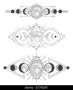 Phases de lunes dans le ciel mystique. Lune mère, tatouage païen dessiné à la main ou dessin de l'ensemble d'illustration vectorielle de la déesse de la lune wicca. Pack de dessins monochromes Lunar phases. Astrologie ancienne, symboles occultes. Phases de lunes dans le ciel mystique. Lune mère, tatouage païen dessiné à la main ou dessin de l'ensemble d'illustration vectorielle de la déesse de la lune wicca. Pack de dessins monochromes Lunar phases. Astronomie ancienne, symboles occultes Illustration de Vecteur