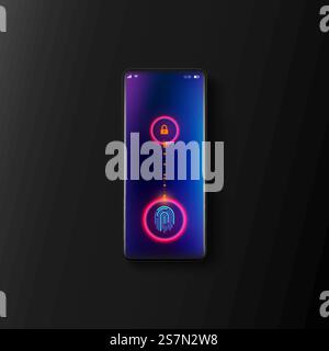 Smartphone réaliste et numérisation d'empreintes digitales à l'écran, concept de cybertechnologie de sécurité. Illustration de Vecteur