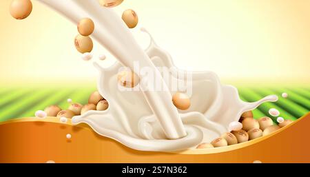 Lait de soja versant vers le bas, haricot de soja et lait isolé sur champ vert naturel et bannière dorée dans l'illustration 3D. Lait de soja qui coule vers le bas Illustration de Vecteur