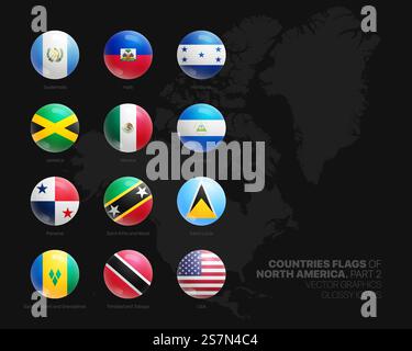 Pays d'Amérique du Nord drapeaux icônes rondes brillantes sur fond noir deuxième partie Illustration de Vecteur