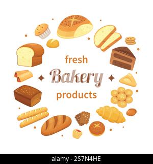 Etiquette ronde de produits de boulangerie. Pain frais, petits pains au pumpernickel et pain. Étiquettes de pains, conception de logo de blé pâtissier ou modèle de vecteur d'étiquette de café de gâteau de boulangerie. Etiquette ronde de produits de boulangerie. Pain frais, petits pains au pumpernickel et pain. Modèle vectoriel d'étiquettes de pains Illustration de Vecteur