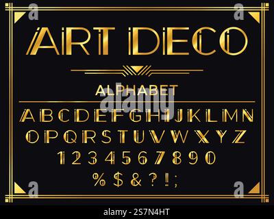 Police art déco. Lettres décoratives dorées des années 1920, typographie de mode vintage et vieil alphabet doré. Déco lettre et chiffres, police gatsby de luxe or ou ensemble vectoriel abc royal. Police art déco. Lettres décoratives dorées des années 1920, typographie de mode vintage et ensemble vectoriel d'alphabet en or ancien Illustration de Vecteur