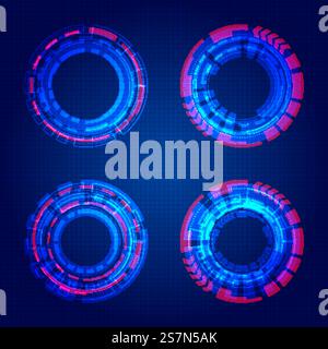 Ensemble d'éléments de cercles bleus de technologie HUD Circles sur fond de grille bleu foncé. Abstrait technologie numérique UI futuriste HUD éléments d'interface virtuelle Sci- fi Modern User motion Graphic. Illustration vectorielle Illustration de Vecteur