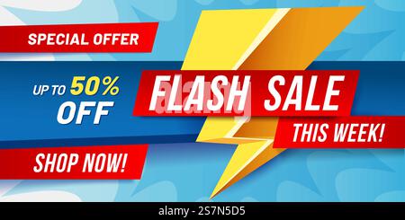 Bannière de vente flash. Affiche de vente Lightning, réduction d'offre rapide et seulement maintenant offre des offres. Meilleure promotion de vente, bannière promotionnelle de marketing ou illustration vectorielle d'offre spéciale d'achat en ligne. Bannière de vente flash. Affiche de vente Lightning, offre rapide de réduction et offre seulement maintenant des offres illustration vectorielle Illustration de Vecteur