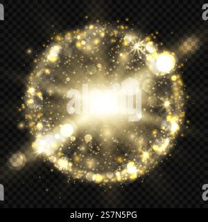 Étoile éclatante avec des étincelles et bokeh, et cadre brillant rond. Effet de lumière dorée avec étoiles, étincelles et paillettes isolé sur fond transparent. Illustration vectorielle de l'étoile brillante brillante avec de la poussière d'étoile, éclat de lentille d'or.. Éclat d'étoile avec des étincelles, bokeh et cadre brillant rond. Effet de lumière dorée avec étoiles, éclat et paillettes isolé sur fond transparent. Illustration vectorielle de l'explosion d'étoiles avec de la poussière d'étoiles Illustration de Vecteur