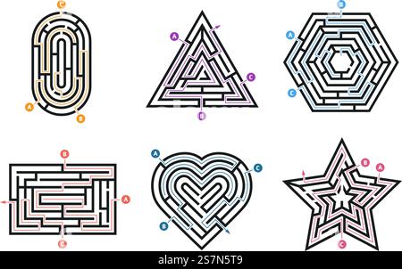 Énigme en labyrinthe. Recherche de façon, de nombreuses directions labyrinthes et labyrinthes jeu d'enfant. Énigme de niveau de chemin d'entrée, sortie de pensée d'enfant et exercice d'entrée d'icônes vectorielles isolées ensemble. Énigme en labyrinthe. Recherche de manière, de nombreuses directions labyrinthes et labyrinthes jeu d'enfant isolé vecteur ensemble Illustration de Vecteur