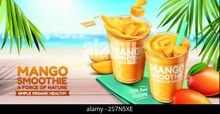 Annonces de bannière smoothie à la mangue sur fond de plage bokeh dans l'illustration 3D. Bannières publicitaires pour smoothie à la mangue Illustration de Vecteur
