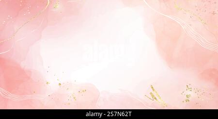 Fond aquarelle liquide rose blush abstrait avec des taches et des lignes de paillettes dorées. Effet de dessin d'encre d'alcool de marbre rose avec feuille d'or. Modèle d'illustration vectorielle pour invitation de mariage.. Fond aquarelle liquide rose blush abstrait avec des taches et des lignes de paillettes dorées. Effet de dessin d'encre d'alcool de marbre rose avec feuille d'or. Modèle d'illustration vectorielle pour invitation de mariage Illustration de Vecteur