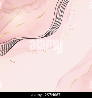 Fond aquarelle liquide rose blush abstrait avec des taches et des lignes de paillettes dorées. Effet de dessin d'encre d'alcool de marbre rose avec feuille d'or. Modèle d'illustration vectorielle pour invitation de mariage.. Fond aquarelle liquide rose blush abstrait avec des taches et des lignes de paillettes dorées. Effet de dessin d'encre d'alcool de marbre rose avec feuille d'or. Modèle d'illustration vectorielle pour invitation de mariage Illustration de Vecteur