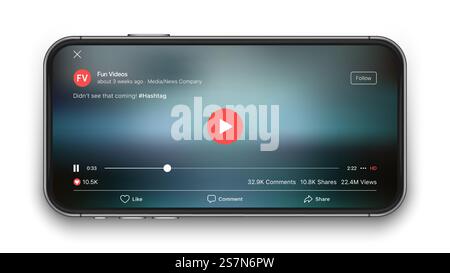 Concept d'interface utilisateur vectorielle de lecteur vidéo mobile pour réseau social sur écran de smartphone isolé sur fond blanc. Concept d'interface utilisateur vectorielle du lecteur vidéo mobile Illustration de Vecteur