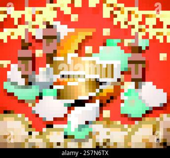 Belle conception Ramadan Kareem dans le style art papier, croissant et plaques décoratives sur fond orange. Joli motif Ramadan Kareem Illustration de Vecteur