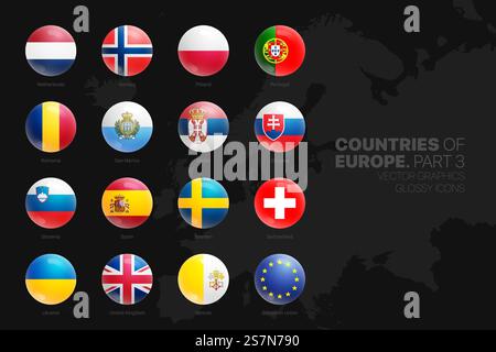 Pays européens drapeaux Glossy Round Icons Set isolé sur fond noir troisième partie Illustration de Vecteur