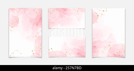 Fond aquarelle liquide rose blush abstrait avec des taches et des lignes de paillettes dorées. Effet de dessin d'encre d'alcool de marbre rose avec feuille d'or. Modèle d'illustration vectorielle pour invitation de mariage.. Fond aquarelle liquide rose blush abstrait avec des taches et des lignes de paillettes dorées. Effet de dessin d'encre d'alcool de marbre rose avec feuille d'or. Modèle d'illustration vectorielle pour invitation de mariage Illustration de Vecteur