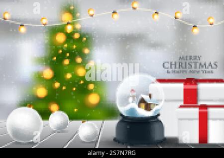 Boule de cristal, boule de neige avec arbre de Noël enneigé, épinette à l'intérieur, chute de neige, décoration réaliste de vacances, illustration vectorielle Illustration de Vecteur