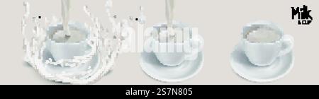 Lait et éléments de tasse, éclaboussures de lait se versant dans la tasse isolé sur fond gris clair dans l'illustration 3D. Éléments de lait et de tasse Illustration de Vecteur
