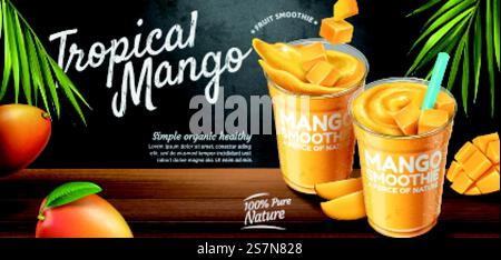 Annonces de bannière smoothie à la mangue sur tableau noir et fond de table en bois dans l'illustration 3D. Bannières publicitaires pour smoothie à la mangue Illustration de Vecteur