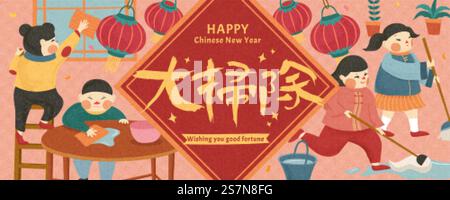 Enfants mignons faisant des tâches ménagères avec doufang géant dans un style plat sur bannière rose, traduction du texte chinois : nettoyage de printemps. Enfants mignons qui font le ménage de printemps Illustration de Vecteur