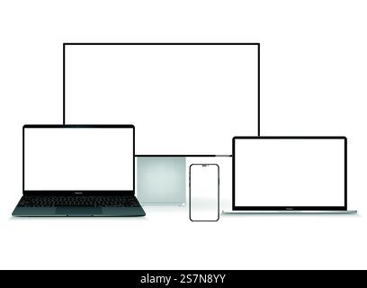 Dispositif d'ensemble d'illustration isométrique tridimensionnelle minimaliste vectoriel. Smartphone, ordinateur portable, tablette, vue perspective tv. Vue latérale et de dessus. Maquette de périphérique générique. Modèle pour infographie ou présentation Illustration de Vecteur