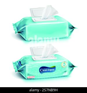 Ensemble de lingettes de nettoyage dans la conception bleu verdâtre clair, une avec la conception de l'emballage et une sans, illustration 3D. Jeu de lingettes de nettoyage Illustration de Vecteur