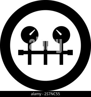 Manomètre et tuyaux manomètre indicateur de pression ou icône de manomètre à vide en cercle rond noir illustration vectorielle image de contour solide style simple. Manomètre et tuyaux manomètre compteur de vide chauffage de gaz pompe à huile de mesure icône du système de dispositif de mesure en cercle rond noir illustration vectorielle d'image de style plein contour Illustration de Vecteur