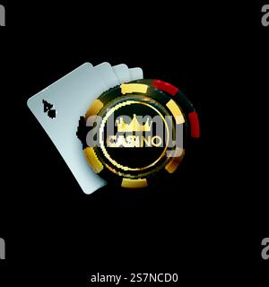 Casino Sing. Illustration vectorielle. Quatre cartes à jouer et jetons de jeu avec la couronne d'or sur fond noir. Concept de bannière de casino.. Concept de bannière de casino. Illustration de Vecteur