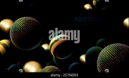 Fond abstrait avec des sphères 3D. Bulles dorées et noires. Illustration vectorielle de boules texturées avec des paillettes scintillantes. Concept de couverture de bijoux. Bannière verticale. Elément décoratif pour la conception. Fond abstrait avec des sphères 3D. Illustration de Vecteur