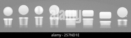 Maquettes de pot transparent vides avec chapeau vue de dessus pour fromage, crème glacée, beurre, yaourt glacé. Conception d'emballage en plastique. Modèle vierge de récipient de beauté ou de produit alimentaire. illustration vectorielle 3d. Maquettes de pot transparent vides avec chapeau vue de dessus pour fromage, crème glacée, beurre, yaourt glacé Illustration de Vecteur