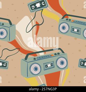 Gadget rétro vintage pour jouer et enregistrer de la musique et des chansons. Vieux téléphone magnéto avec cassette. Boutons de l'appareil. Motif sans couture, impression de papier peint ou arrière-plan. Vecteur dans le style plat. Vieux magnétophone et ruban de cassete, motif imprimé Illustration de Vecteur