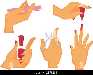 Traitement et soins des ongles de salon ou à la maison, main isolée de femme polissant les ongles et appliquant la couleur. Utilisation de ciseaux et de brosses, de limes et d'outils modernes. Routine beauté. Vecteur dans les styles plats. Manucure et soin des ongles, soin en salon ou à domicile Illustration de Vecteur