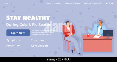 Saison du rhume et de la grippe, restez en bonne santé pendant la période de maladie. Apprendre les symptômes et la prévention, le traitement et la consultation du médecin. Modèle de page de destination de site Web, site Internet. Vecteur dans le style plat. Restez en bonne santé pendant la saison du rhume et de la grippe Illustration de Vecteur