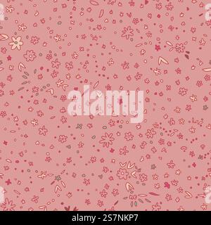 Flore florissante, fleurs en fleurs, bourgeons et pétales florissants. Élégant ornement rétro ou vintage, répétant des éléments botaniques. Motif sans couture, impression de papier peint ou arrière-plan. Vecteur dans le style plat. Fleurs et feuillages en fleurs, imprimé flore en fleurs Illustration de Vecteur