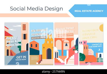 Ensemble de conception d'histoire de réseau pour l'agence immobilière. Collection de médias sociaux avec des bâtiments plats, illustration vectorielle. Offre d'investissement immobilier, promo de service professionnel à la bannière Web. Ensemble de conception d'histoire de réseau pour l'agence immobilière Illustration de Vecteur