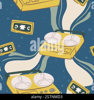Lecteur et enregistreur de musique rétro ou vintage, cassette avec des compositions ou des chansons. Divertissement et discothèque dans les années 80 Motif sans couture, impression de papier peint ou arrière-plan. Vecteur dans le style plat. Enregistreur de musique vintage ou lecteur avec casette Illustration de Vecteur