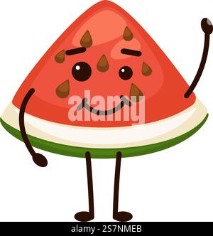 Personnage de dessin animé de tranche de pastèque souriant avec les mains et les jambes. Mignon personnage avec les mains et les jambes, sourire sur le visage. Fruits mûrs biologiques. Émoticône ou emoji pour les médias sociaux. Vecteur dans le style plat. Tranche de pastèque, personnage de dessin animé avec le sourire Illustration de Vecteur