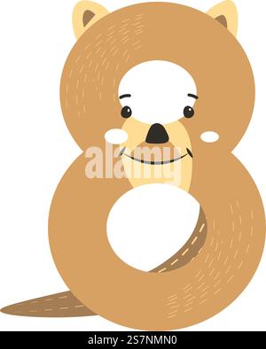 Personnage numéro huit avec oreilles, museau et fourrure, queue et expression faciale mignonne. Personnage isolé au visage souriant, apprenant les mathématiques pour les enfants. Animal enfantin. Vecteur dans le style plat. Drôle numéro huit, polices pour les enfants avec des animaux Illustration de Vecteur