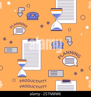 Planification et productivité au travail, efficacité et utilité. Respecter les échéances et travailler avec les horaires. Prendre des notes et des appels. Motif sans couture, impression de fond ou papier peint. Vecteur en plat. Productivité et planification, projets et charge de travail Illustration de Vecteur