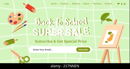 Super vente et rabais sur les produits et fournitures pour l'école, le collège ou l'université. Retour aux études et à l'éducation. Abonnez-vous pour les prix. Page de site Web, modèle de page de destination. Vecteur dans le style plat. Retour à l'école, super vente et réductions sur le web Illustration de Vecteur