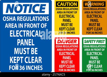 Panneau d'avertissement réglementations OSHA - la zone devant le panneau électrique doit être dégagée sur 36 pouces Illustration de Vecteur