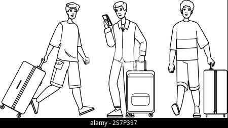 vecteur d'homme de voyage de bagages. bagage heureux, jeune valise, bagage de vol voyage homme caractère. illustration de la ligne noire des gens. vecteur d'homme de voyage de bagages Illustration de Vecteur