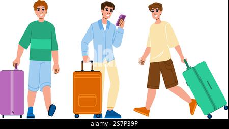 vecteur d'homme de voyage de bagages. bagage heureux, jeune valise, bagage de vol voyage homme caractère. illustration de bande dessinée plate de gens. vecteur d'homme de voyage de bagages Illustration de Vecteur