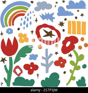 Peinture enfantine ou dessin avec des fleurs en fleurs, des plantes et des feuilles. Feuillage et paysage naturel. conditions météorologiques pluvieuses et nuages au ciel, flore et fleurs sauvages en fleurs. Vecteur en plat . Enfants peignant la nature, les fleurs et la pluie Illustration de Vecteur