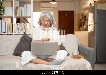Une femme âgée asiatique heureuse utilise un ordinateur portable assis sur un canapé dans le salon. naviguer sur internet, discuter, répondre à des e-mails, travailler Banque D'Images