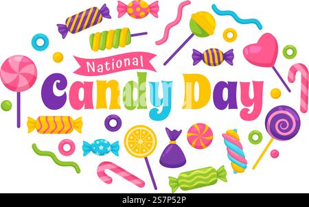 Illustration vectorielle de jour national de bonbons avec différents types de bonbons et bonbons dans des modèles de conception de fond dessinés à la main de dessin animé plat Illustration de Vecteur